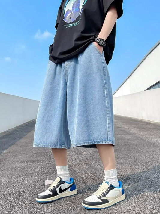 Men's Full Size Vintage Wash Wide-Leg Denim Shorts Plus Size