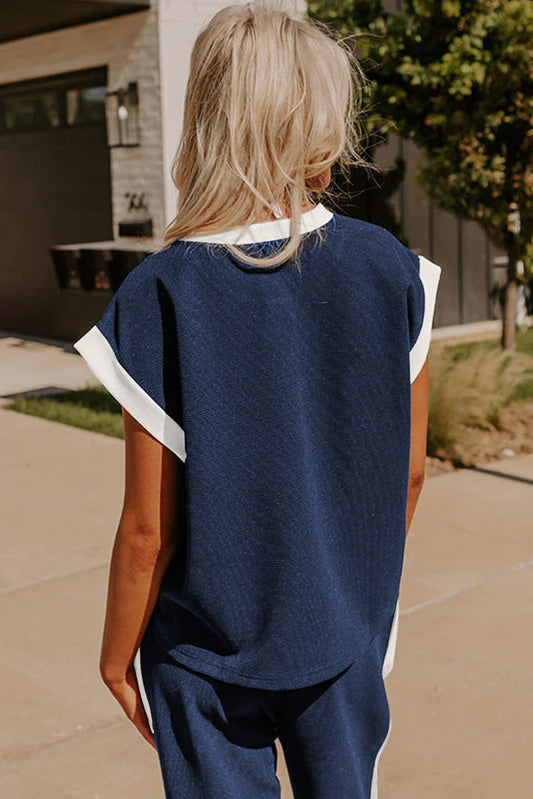 Navy Blue Contrast Trim Pocket T Shirt and Wide Leg Pants Set