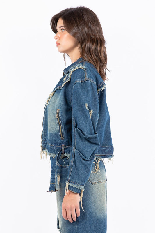 RISEN Full Size Raw Hem Button Up Cropped Denim Jacket Plus Size