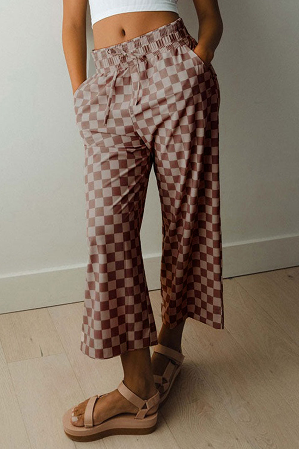 Sky Blue Tie Elastic Waist Checkered Loose Pants