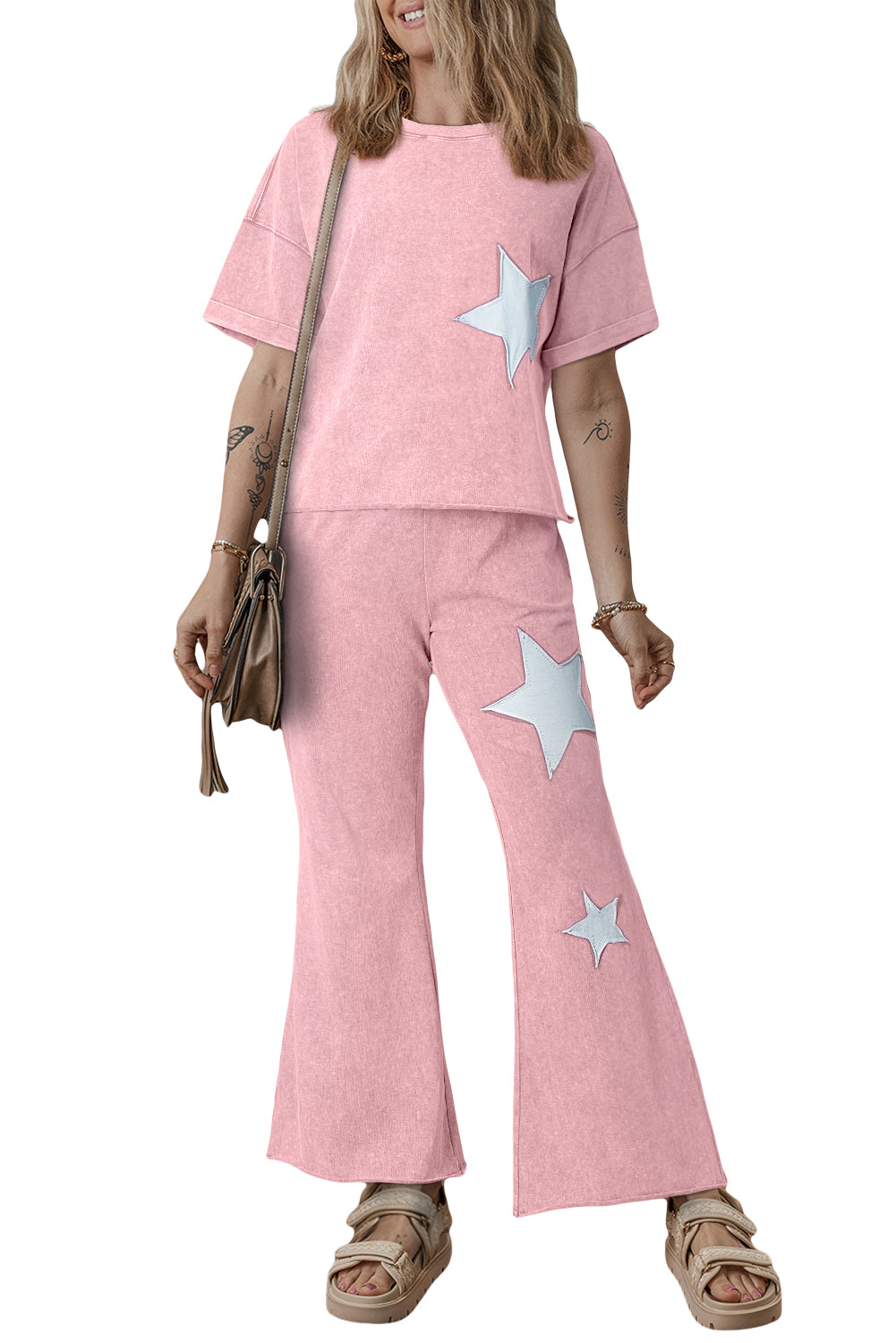 Mint Green Mineral Wash Star Patched Loose Pants Set