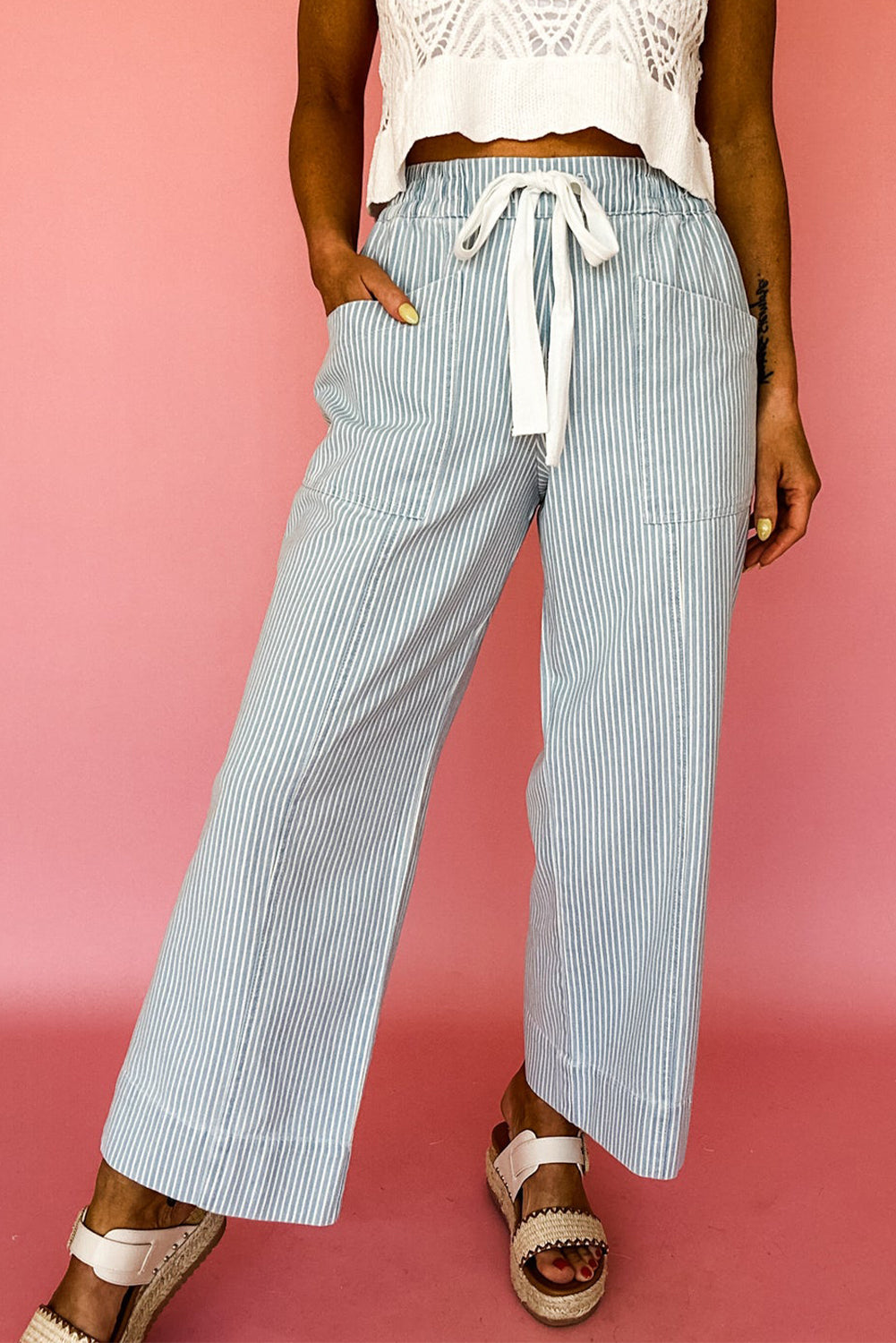 Sky Blue Striped Mid Rise Drawstring Waist Jeans