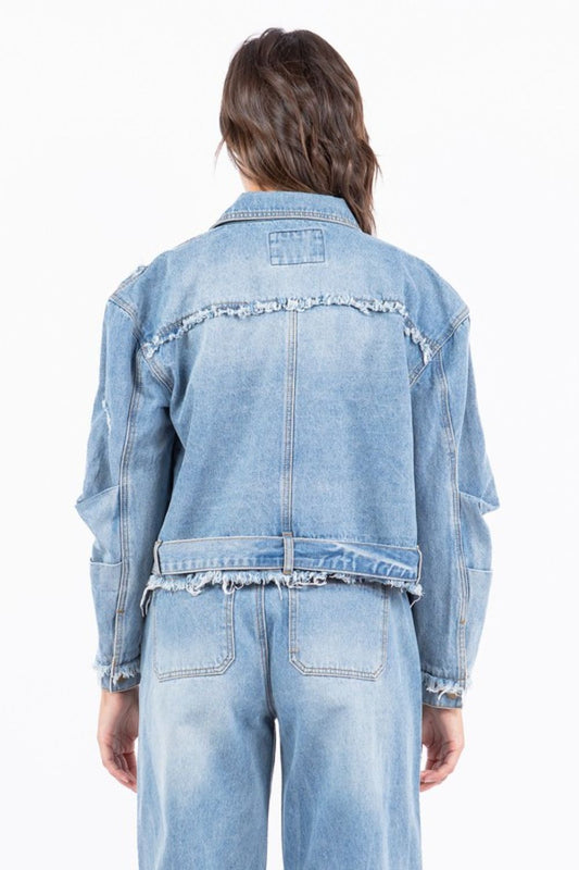 American Bazi Full Size Distressed Frayed Edge Zip Up Denim Jacket Plus Size