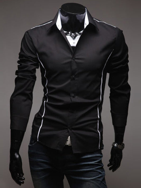 Black dress shirt with white piping on a mannequin against a gray background