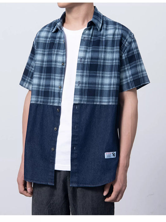 Men's Plus Size Plaid Color Block Short Sleeve Shirt