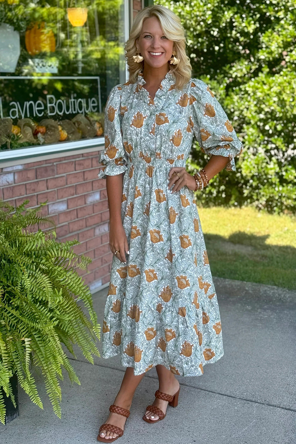 Sky Blue Floral Printed Frilled V Neck Bracelet Sleeve Long Dress