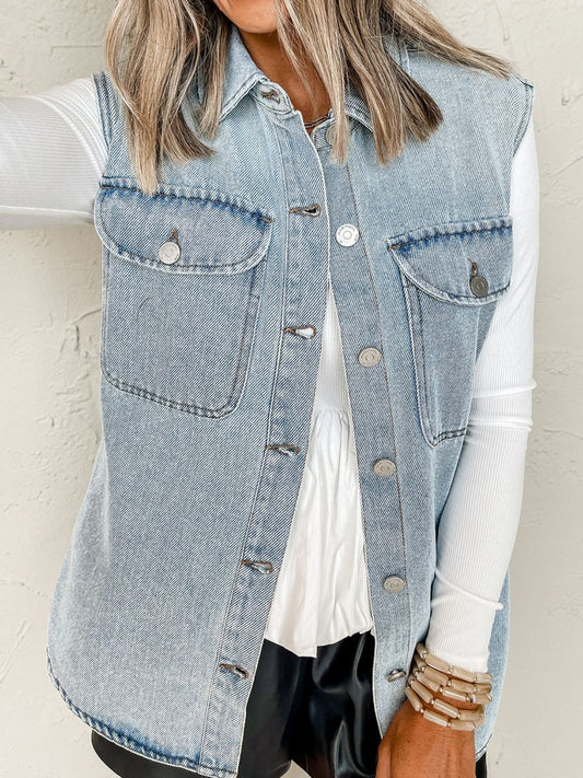 Collared Neck Button Up Denim Vest