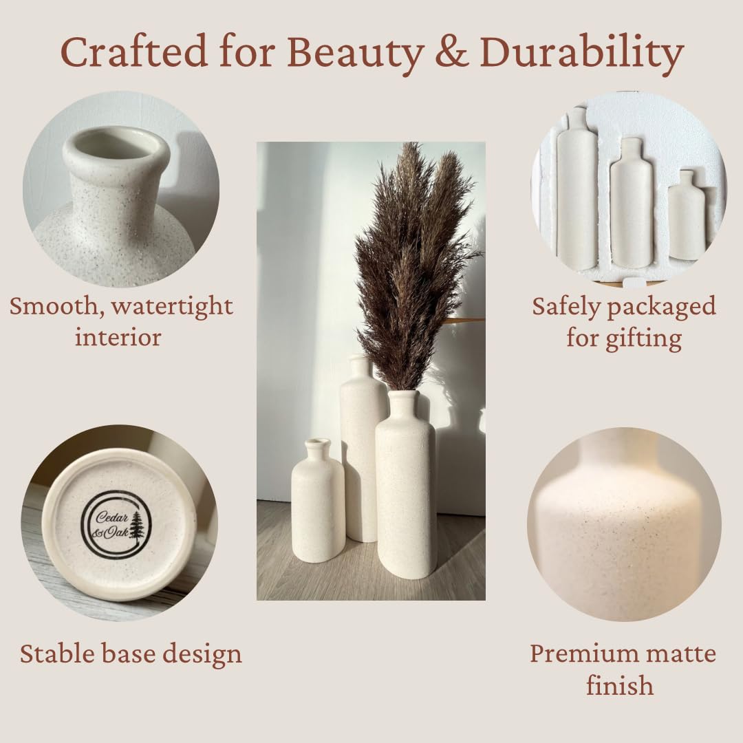 Vases with text highlighting features like smooth interior, safe packaging, stable base, and premium finish.