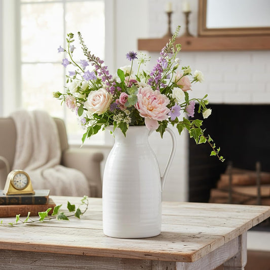 White vase with pink and purple flowers on a wooden table in a living room.