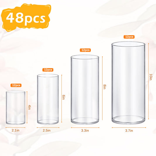 Set of clear glass tumblers with dimensions and quantity labels on a white background