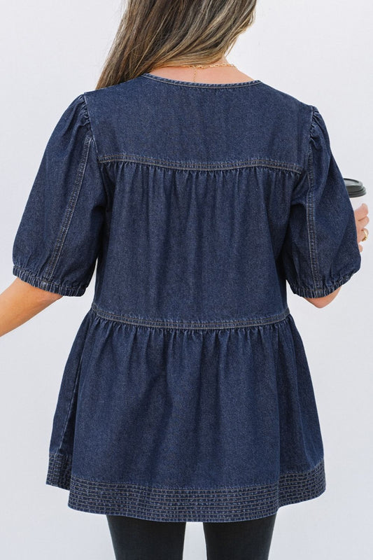 Ruffled Open Front Denim Top