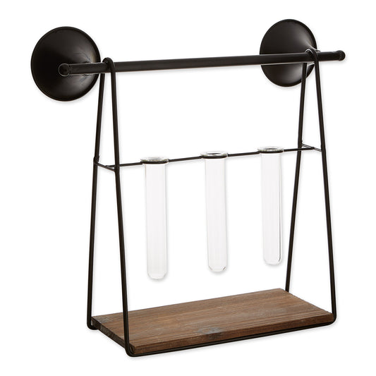 Elegant Iron and Wood Wall Shelf with Glass Vases