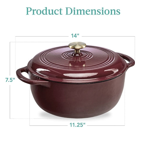 6 Quart Large Maroon Cabernet Red Enamel Cast-Iron Dutch Oven Kitchen Cookware