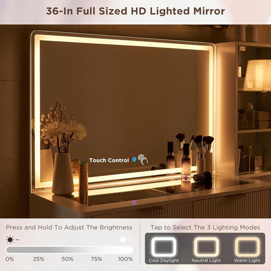 Full-sized HD lighted mirror with touch control in a bathroom setting.