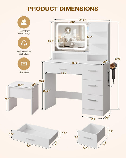 White vanity table with dimensions and features on a beige background