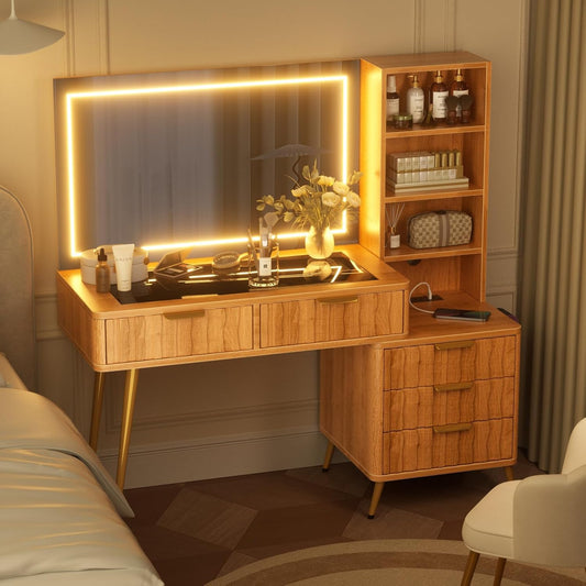 Wooden vanity with illuminated mirror and shelves in a bedroom setting