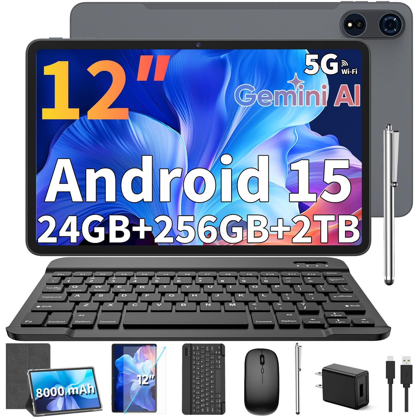 Relndoo 2025 12 Inch Tablet, 24GB(8+16) RAM+256 Storage(Expand to 2TB).
