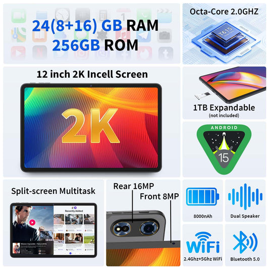 12 Inch Tablet Android 15 Tablets, 2025 Upgraded Android Tablet with Keyboard, 24GB RAM+256GB ROM(1TB Expand).