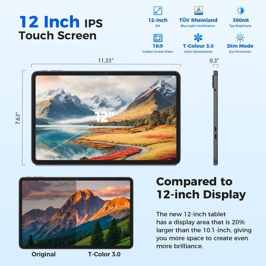 Android 15 Tablets 12 inch, 24GB(8+16)RAM+256 Storage(Expand to 1TB).