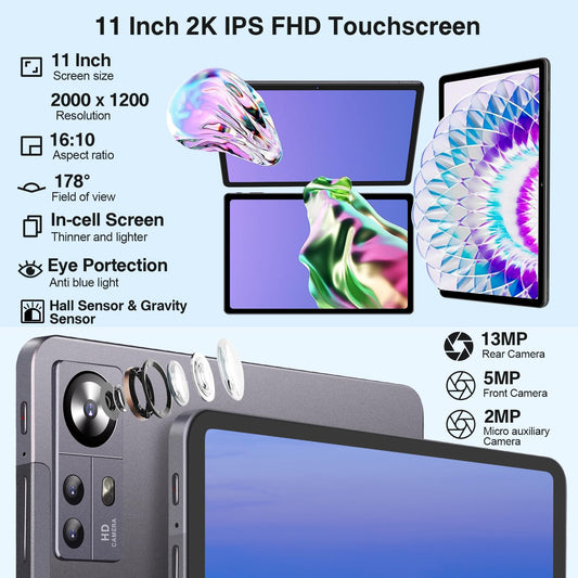2024 Latest Tablet 11 inch Android 13 Tablets 16GB+256GB+1TB Expand, Octa-Core, 2K 2000 x 1200 Display, 13MP Triple Camera, 8600mAh, Quad Speakers, 5G/2.4G WiFi,GPS,Bluetooth 5.0, with Case -Grey