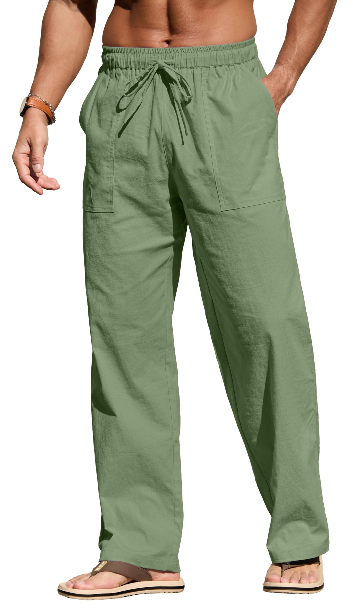 Sailwind Men's Casual Linen Pants Beach Summer Elastic Waist Drawstring Pants Lightweight Linen Trousers White