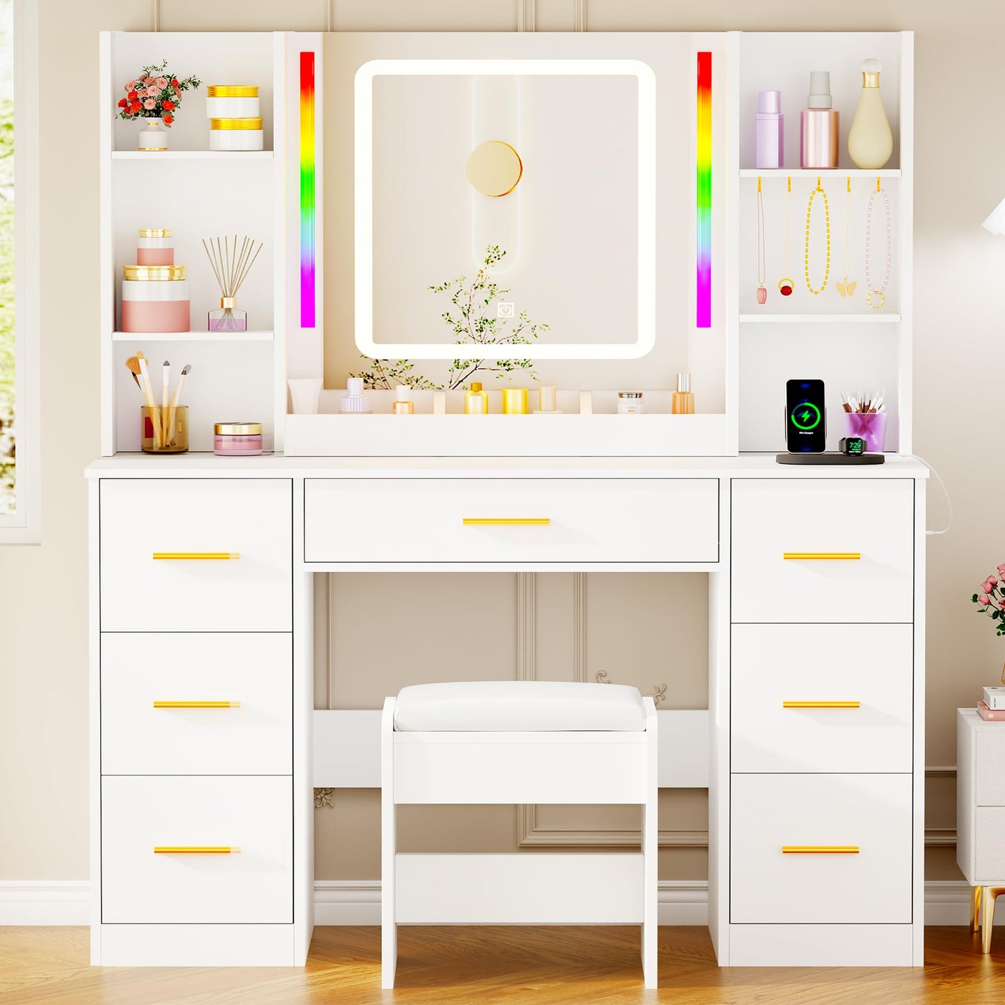 ANWBROAD Makeup Vanity Desk with Mirror and Lights 3 Colors Large Vanity Table with 7 Drawers & RGB Lights White Makeup Table with Charging Station 6 Storage Shelves Stool for Bedroom Women UBDT96W