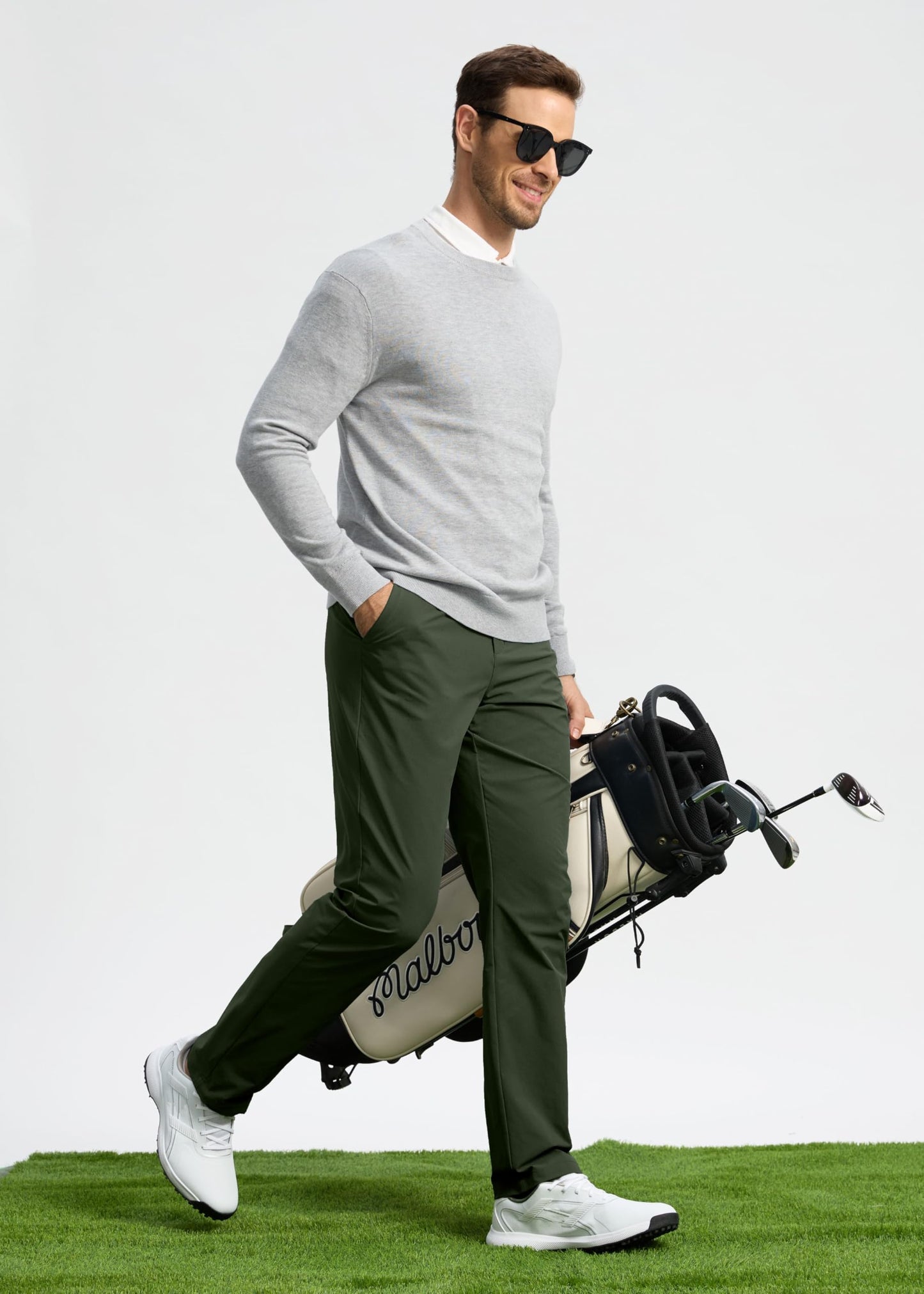 Pudolla Men's Golf Pants Stretch Classic Fit Work Dress Pants 30 Lightweight Quick Dry Casual Slacks Trousers with Pockets(Khaki 34Wx30L)