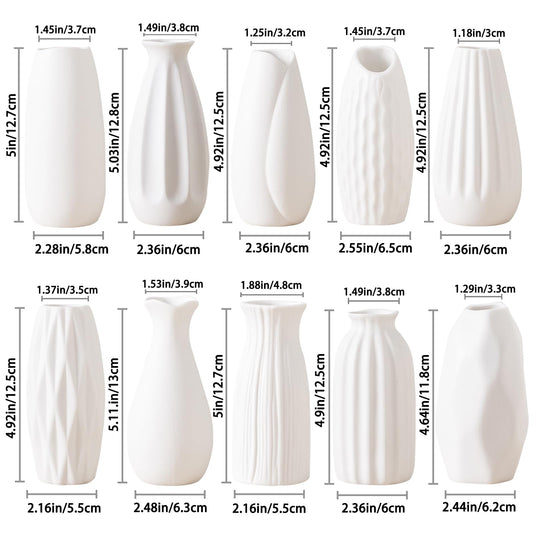 White ceramic vases with dimensions labeled on a white background