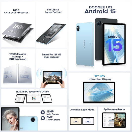 DOOGEE Android 15 Tablet, 11 inch Android Tablet 16GB+128GB/2TB TF Octa-Core,90Hz Display, 8580mAh, Netflix 1080P,Bluetooth 5.0+5G WiFi, 13MP+5MP, Face ID,Metal Body-Black