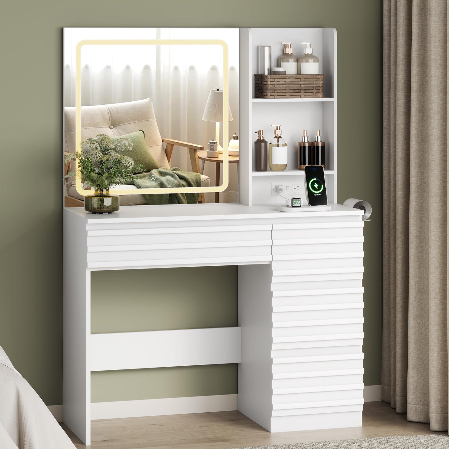 White vanity table with mirror and shelves against a green wall.