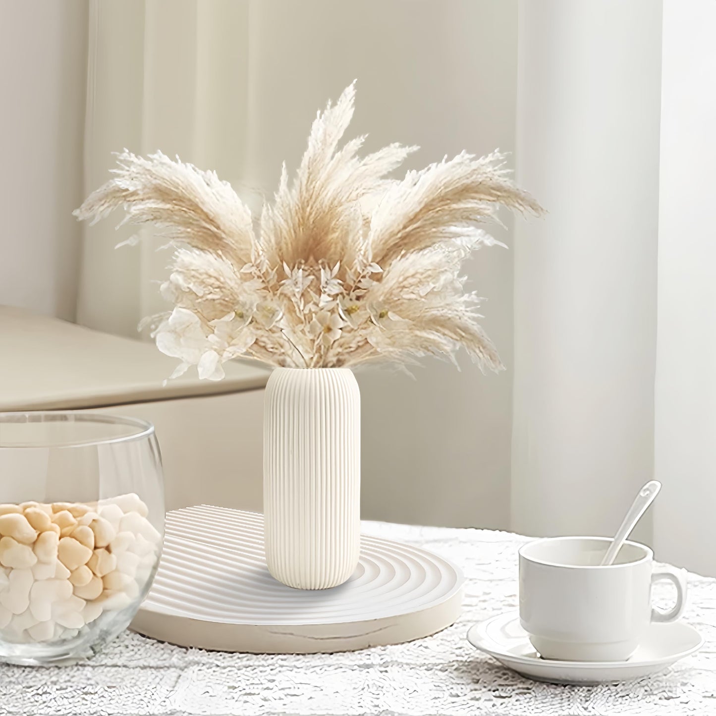 Ceramic Vase for Flowers – Modern Small Ribbed Textured Flower Vase for Home Decor, Pampas Grass, Decorative, Farmhouse, Coffee Table, Kitchen Centerpieces, Bookshelf and Home Living (White)