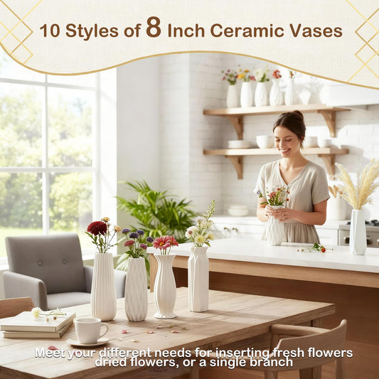 Woman arranging flowers in ceramic vases in a home setting with text about 8-inch ceramic vases.