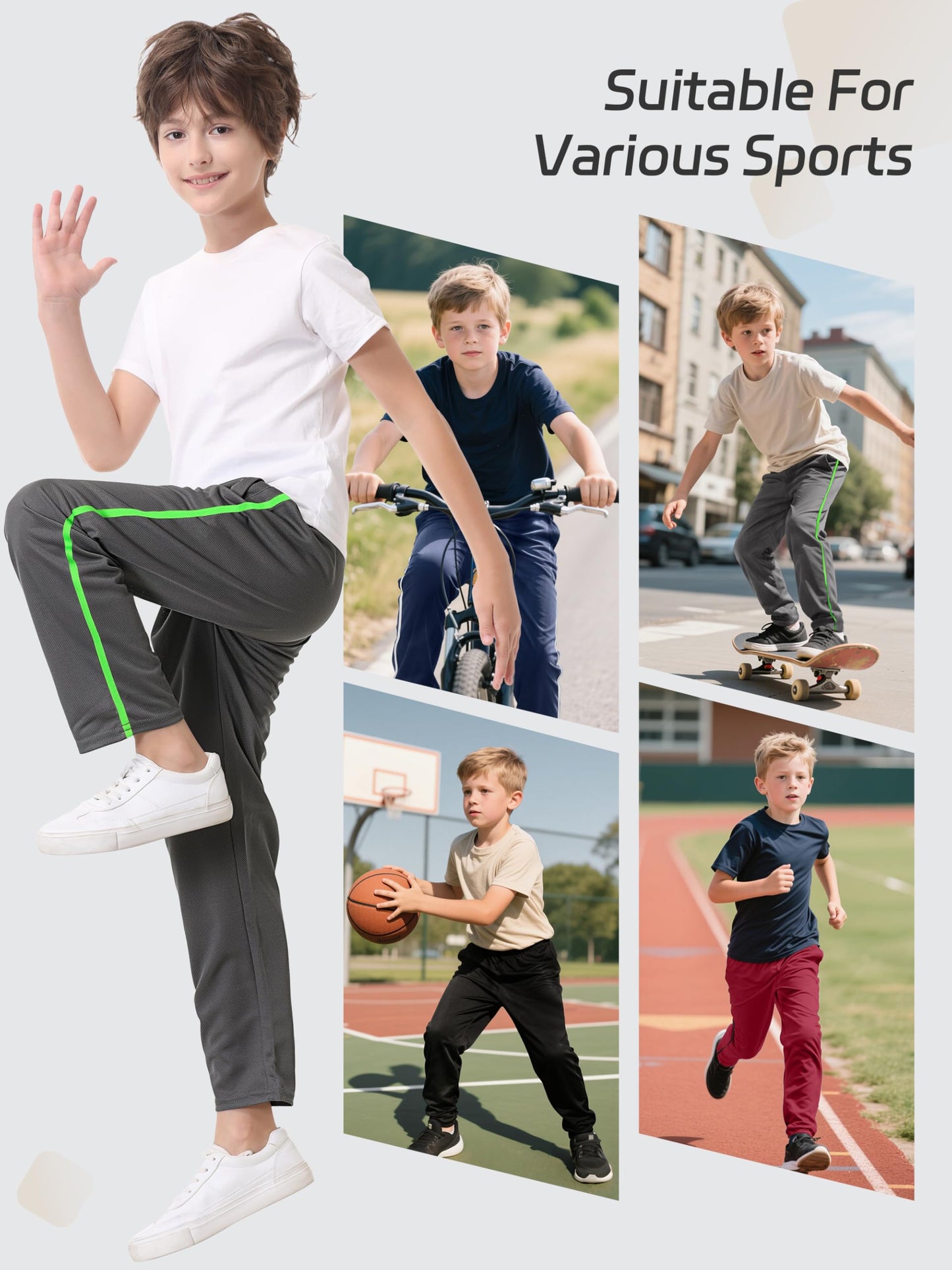 4 Pack Boys Mesh Lightweight Sweatpants, Thin Open Bottom Athletic Sweatpants for Boys.