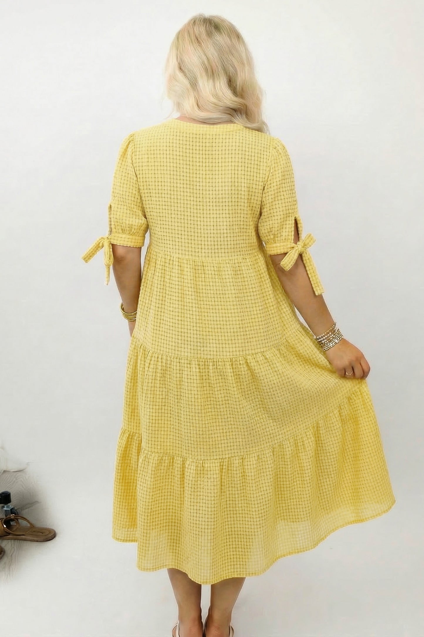 Dusk Blue Gingham Textured Bow Tie Short Sleeve Tiered Midi Dress