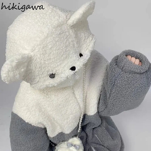 Cute Bear Hoodies Women Winter Pullover Clothes Cartoon Y2K Jackets Coats Hooded Tops Streetwear BF Oversized Sweatshirt