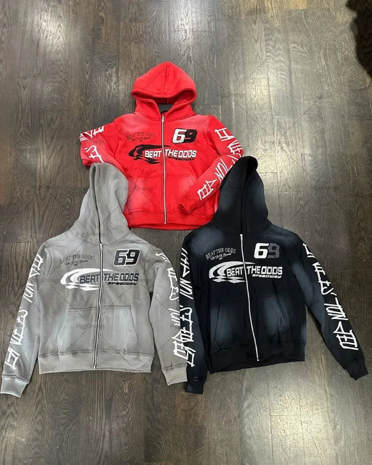 Punk Retro Colorful Zipper Hoodie Harajuku Letter Print Casual Oversized Sweatshirt Couple Hip-hop Trendy Streetwear Jacket Men