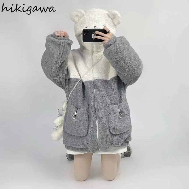Cute Bear Hoodies Women Winter Pullover Clothes Cartoon Y2K Jackets Coats Hooded Tops Streetwear BF Oversized Sweatshirt