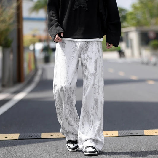 Jeans Mens Classic Straight Leg Jeans White Tie Dye Denim Pants