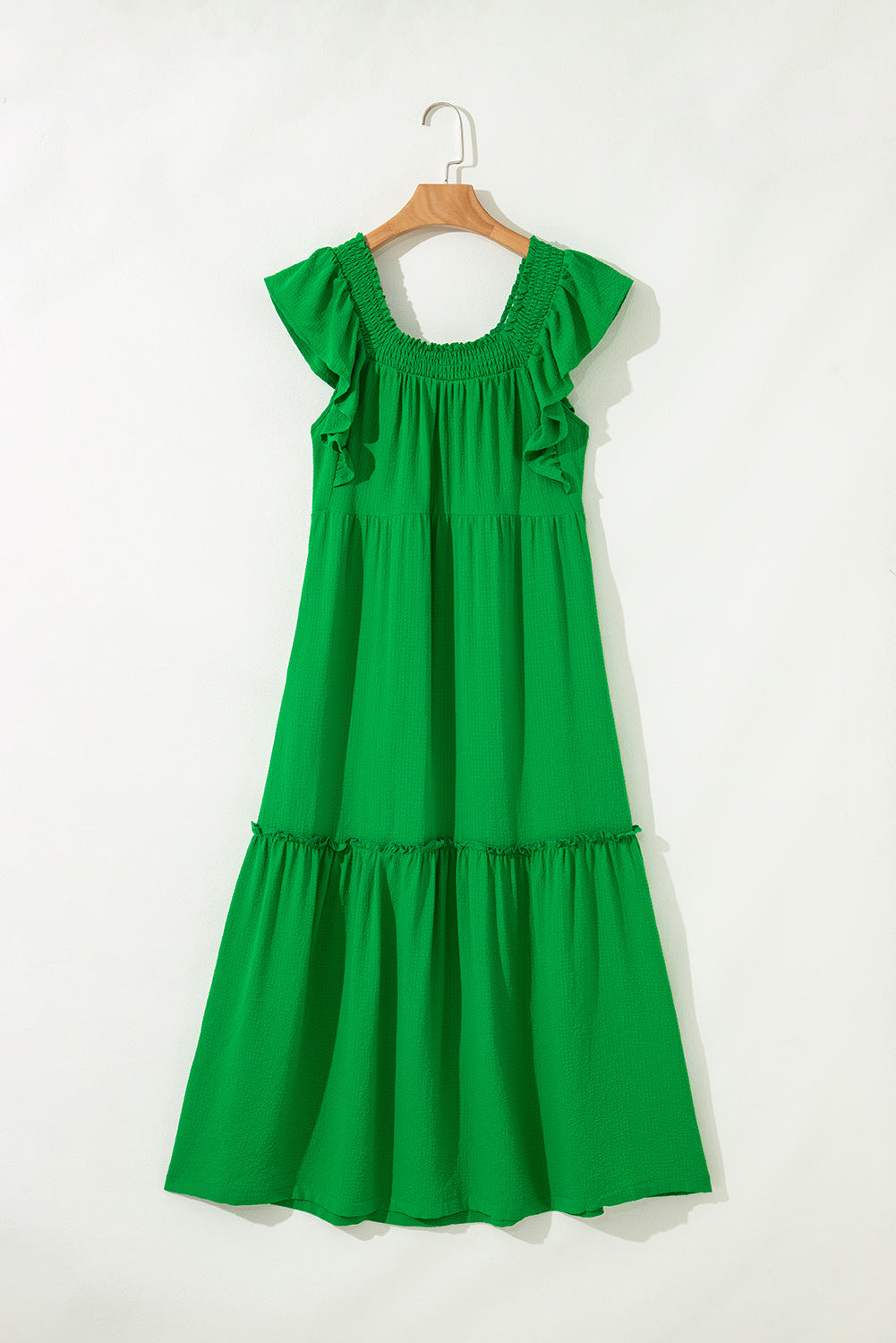 Green Ruffled Flutter Sleeve Square Neck Textured Tiered Maxi Dress