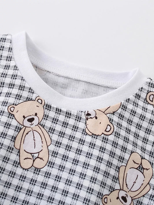 Children's Plaid Bear Print Crew Neck Short Sleeve T-Shirt