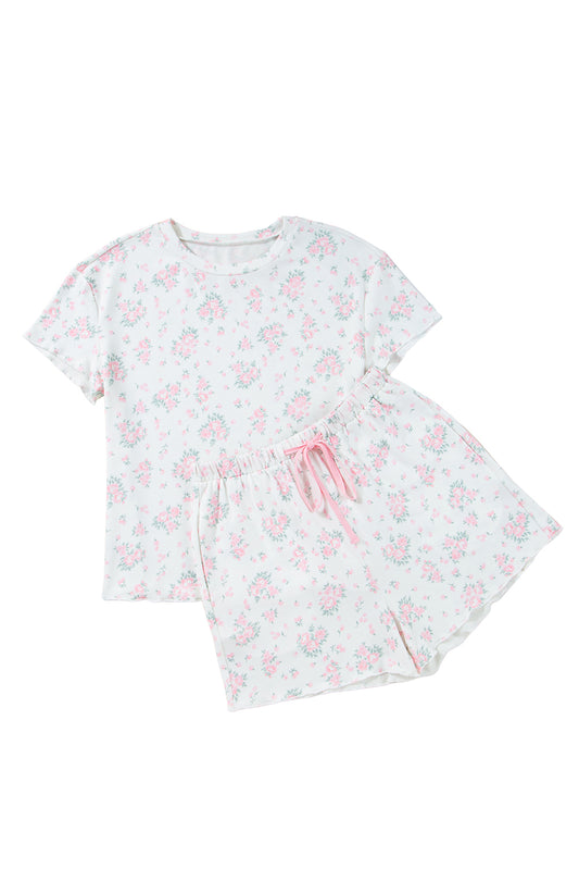 Pink Floral Print Lettuce Trim Tee and Shorts Pajama Set