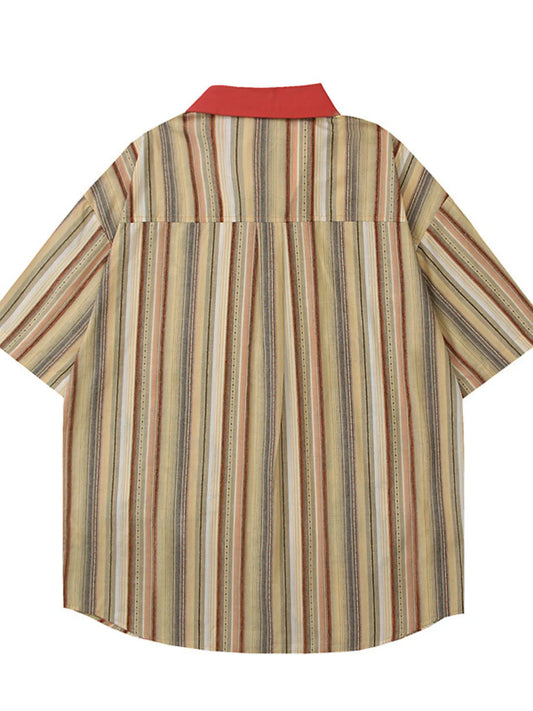 Men's Cartoon Character Striped Shirt with Contrast Collar