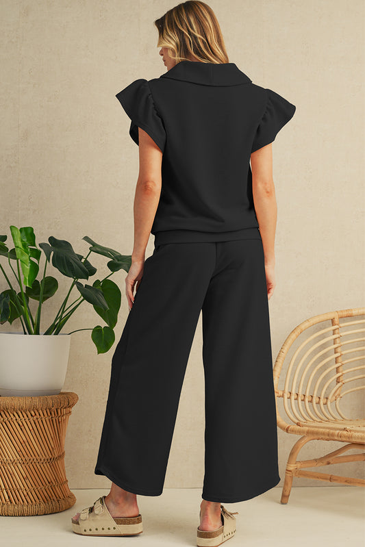 Black Textured Ruffle Sleeve Zipped Top and Wide Leg Pants Set