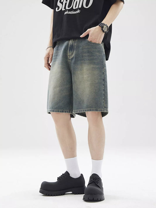 Men's Full Size Vintage Wash Wide Leg Denim Shorts Plus Size