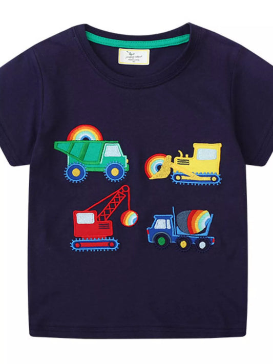 Children's Construction Vehicle Embroidered T-Shirt