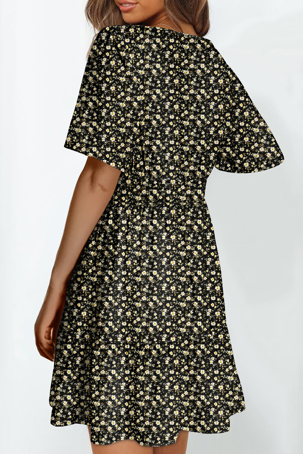 Red Floral Print Wrap V Neck Short Sleeve High Waistband Mini Dress