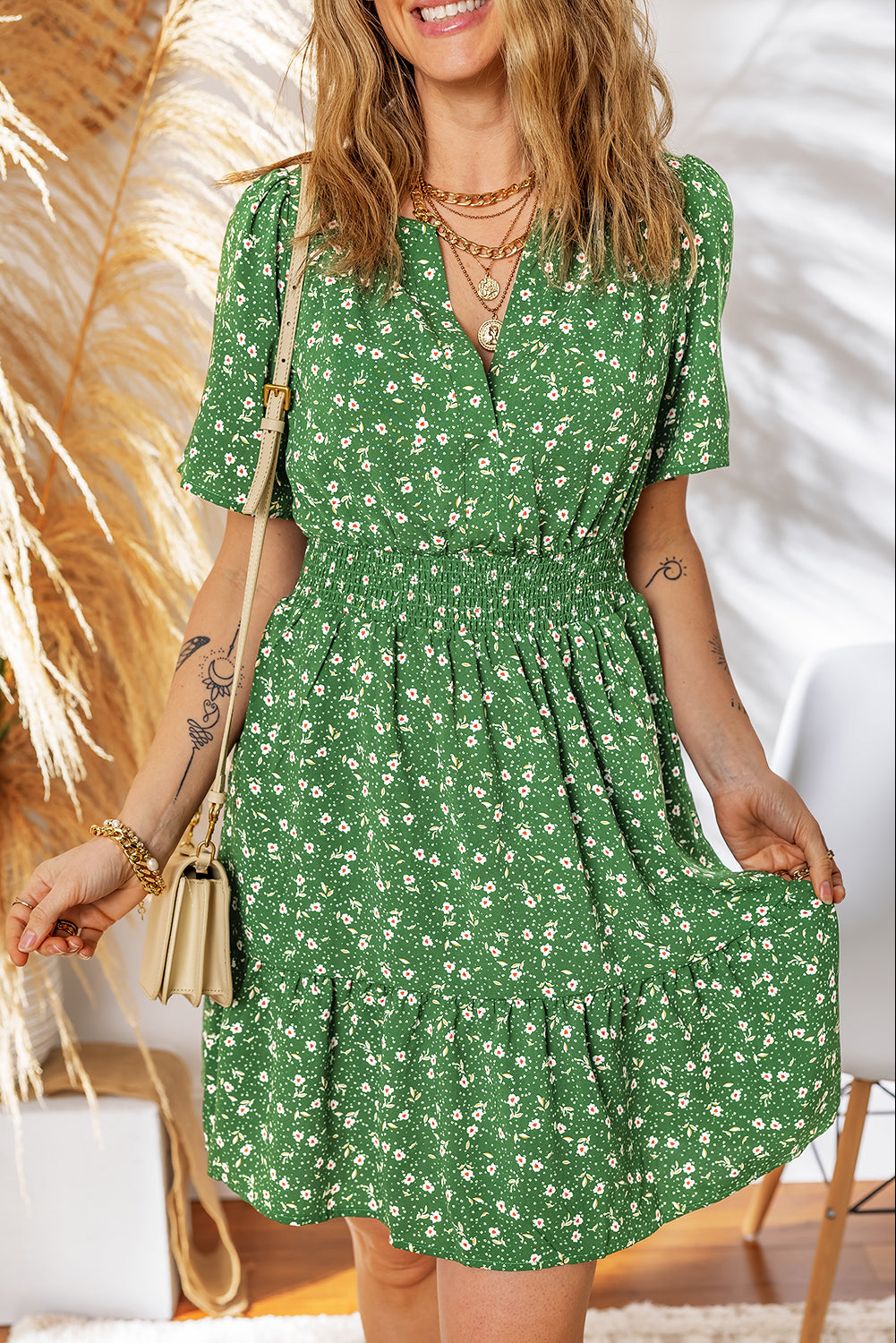 Red Floral Print Wrap V Neck Short Sleeve High Waistband Mini Dress