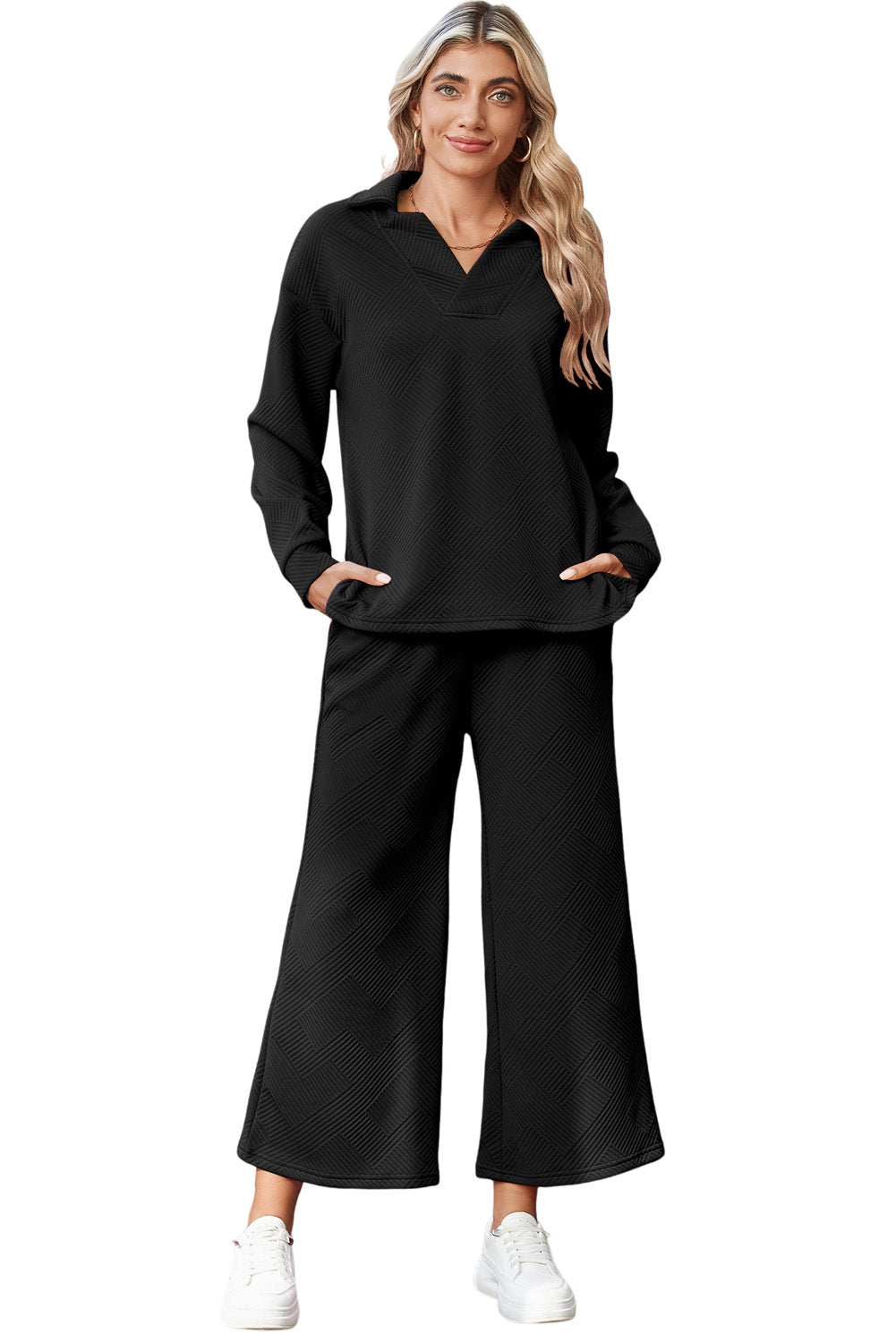 Black Solid Color High Low Pullover and Pants Set