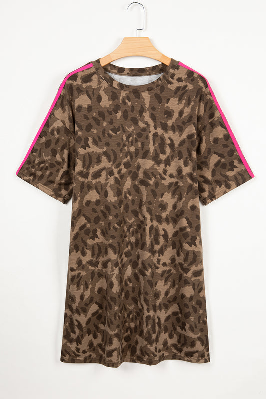 Brown Loose Contrast Striped Accent Leopard T Shirt Mini Dress with Pockets