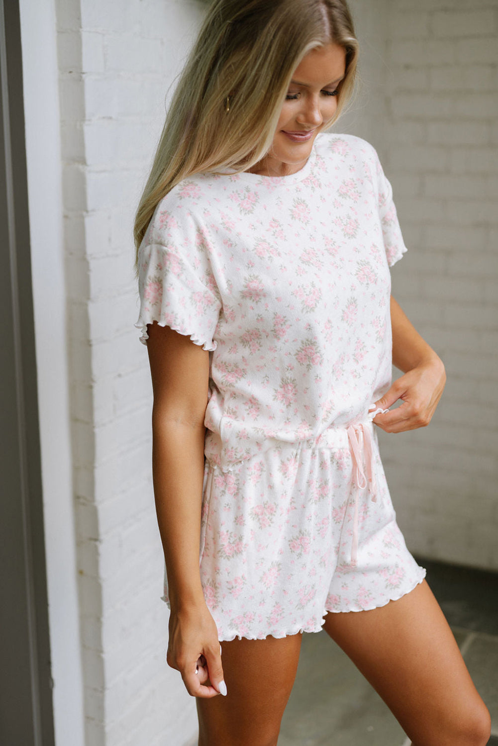 Pink Floral Print Lettuce Trim Tee and Shorts Pajama Set 